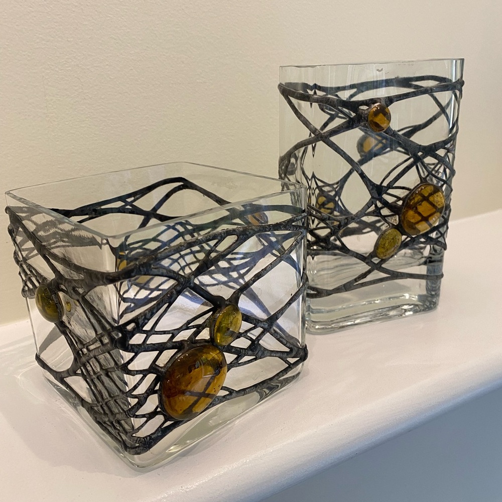 Artistic Glass Candle Holders with Black and Amber Accents - Picture 1 of 4